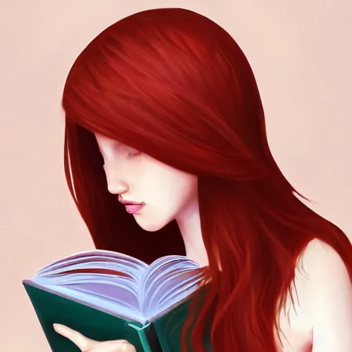 Prompt: A red haired girl rests her beautiful face and long hair over a book, she's sleeping, digital art, artstation