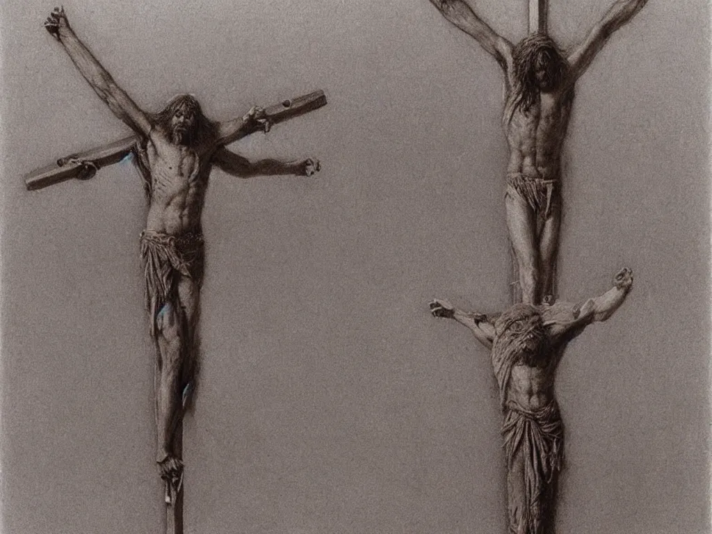 Prompt: jesus christ crucifixion by beksinski, fantasy, scary, award winning 8k