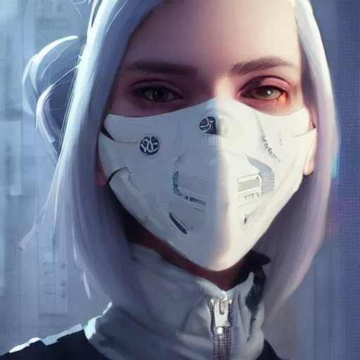 Image similar to ! dream very cool girl white hair girl with mask, streetwear, techwear, cyberpunk style outfit, full body, nose piercing, detailed portrait, intricate complexity, by greg rutkowski, cory loftis, artgerm, ross tran, conrad roset, takato yomamoto, ilya kuvshinov. 4 k, beautiful, cinematic dramatic atmosphere