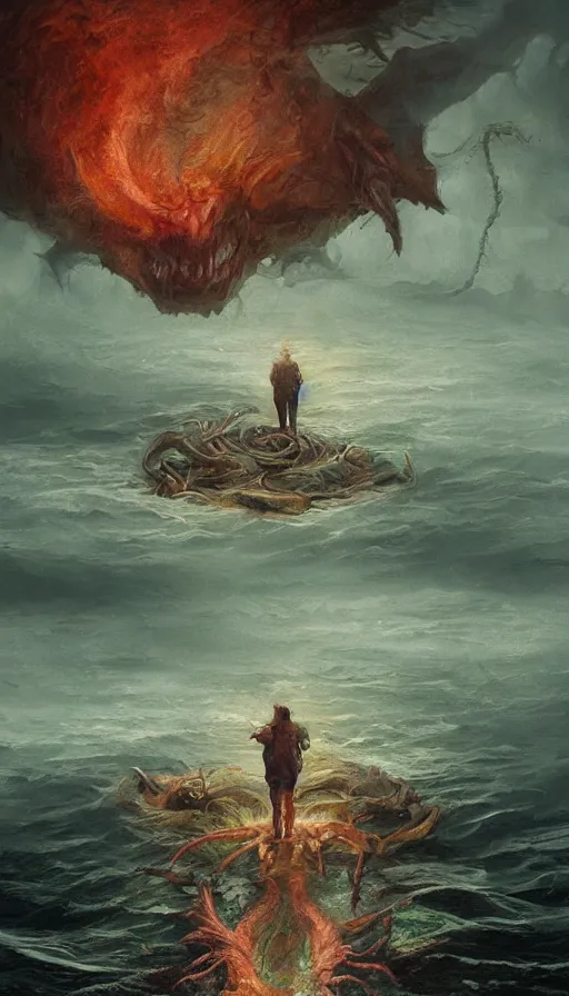 Image similar to man on boat crossing a body of water in hell with creatures in the water, sea of souls, by sam spratt