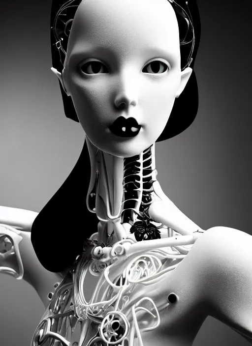 Image similar to black and white dreamy profile face portrait, biomechanical beautiful angelic young female cyborg - robot - doll with long white curly hair, body ribs meshes, volumetric light, hibiscus flowers, rim light, big gothic fashion pearl embroidered collar, 1 9 3 0, 8 k