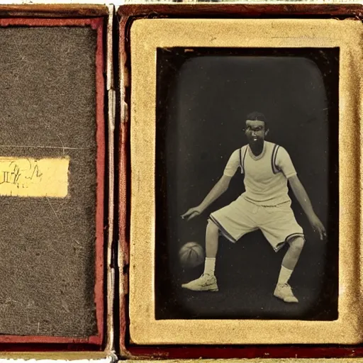 Prompt: Daguerreotype of a kapre playing basketball