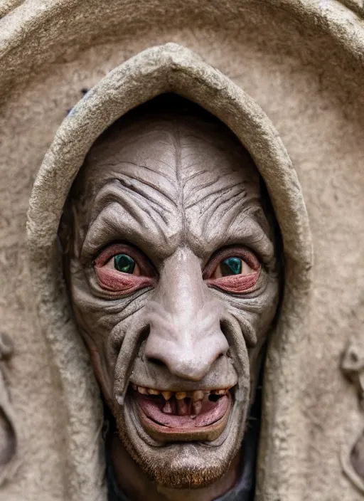 Image similar to closeup portrait of a medieval goblin in the cloisters, selfie style, depth of field, zeiss lens, detailed, symmetrical, centered, fashion photoshoot, by annie leibovitz and steve mccurry, david lazar, jimmy nelsson, breathtaking, 8 k resolution, extremely detailed, beautiful, establishing shot, artistic, hyperrealistic, beautiful face, octane render