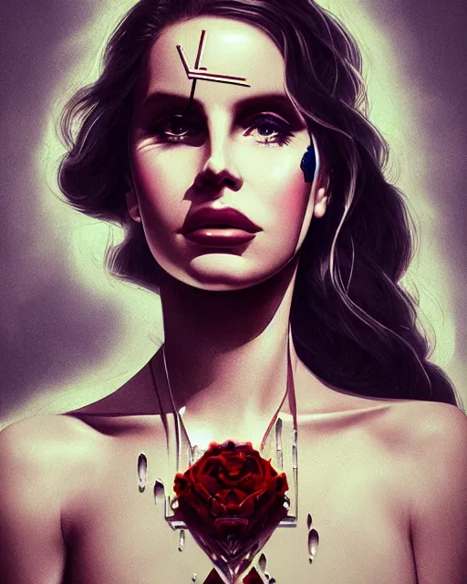 Prompt: portrait of lana del rey as a cyborg. intricate abstract. intricate artwork, tear drops, roses, crucifix, by tooth wu, wlop, beeple, dan mumford. concept art, octane render, trending on artstation, greg rutkowski, symmetrical, cinematic, key art, hyper realism, iridescent accents