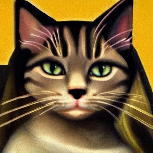 Image similar to anthro cat mona lisa face close up whiskers cat ears 🐱 very detailed