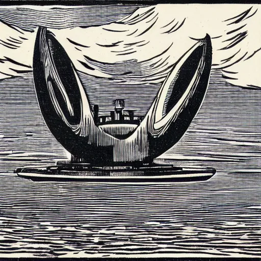 Image similar to woodcut of a spaceship landing in the middle of the ocean, kathe kollwitz