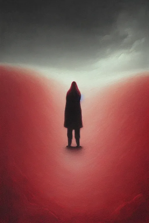 Image similar to a painting of a person standing in the snow, blizzard, a surrealist painting by zdzisław beksinski and by alena aenami, deviantart, nuclear art, dystopian art, apocalypse landscape, red color scheme, surrealist