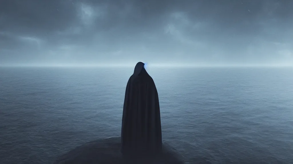 Prompt: dark mysterious hooded figure hovering above a dark ocean, 8K, concept art, cinematic, blue, black, gray, filmic, HDR, hyperrealism, volumetric lighting