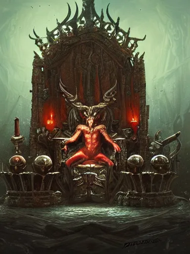 Prompt: the devil i his throne, followed by his servants. in hell. intricate, elegant, highly detailed, digital painting, artstation, concept art, sharp focus, illustration, by justin gerard and artgerm, 8 k