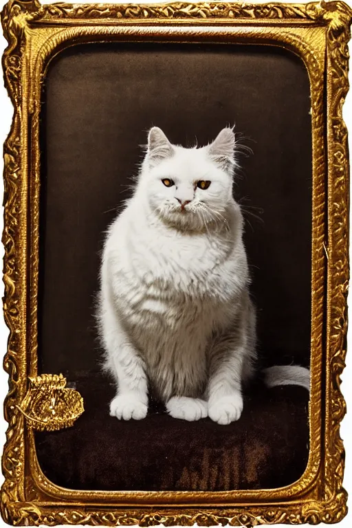 Image similar to a magnificent tintype portrait of a fluffy fat cat on an embroidered velvet cushion on a neo - rococo gilded little bed with precious stones, ball of yarns all around, by david lachapelle, photorealistic, photography, wide shot