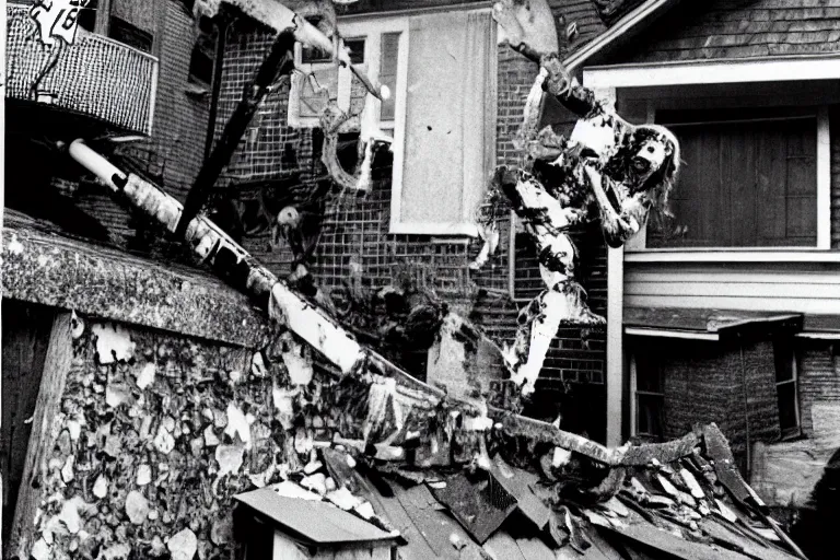 Prompt: A terrible clown chainsaw falls from the roof of a wooden house, 1960, black and white photography