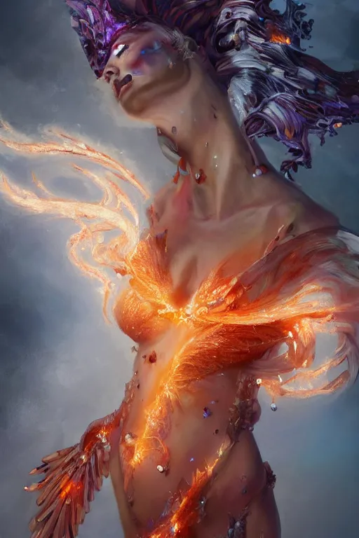 Image similar to torso closeup model wearing exploding fire crystal dress, jewels sorcerer, diamonds, angel, fantasy, dramatic lighting, highly detailed, digital painting, holding electricity, magic the gathering, hyper detailed, 3 d render, hyper realistic detailed portrait, peter mohrbacher, wlop, ruan jia