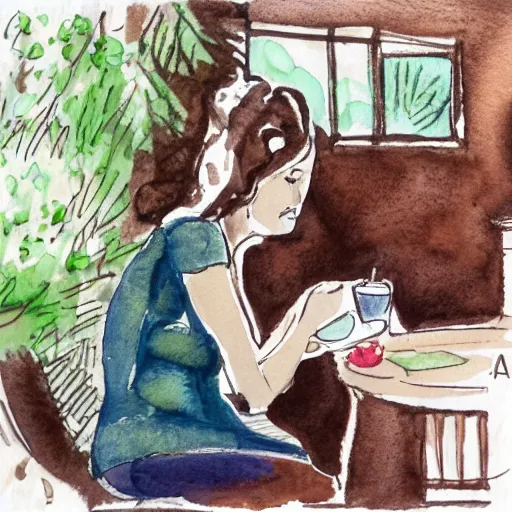 Prompt: woman having coffee in a biophilic living room, ink and watercolor