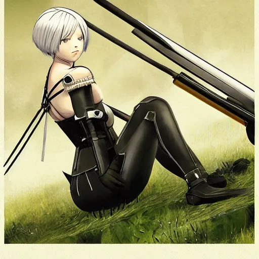 Prompt: nier 2 b reclining in heavy armor by studio ghibli