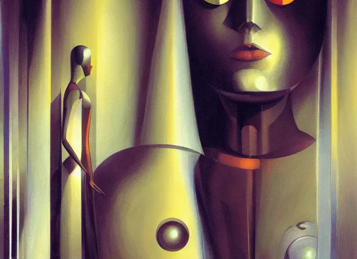 Image similar to a portrait of beautiful woman sci fi metallic human, bright eyes, melancholic complex geometric figure liminal machinery by oskar schlemmer, moebius, john berkey, film grain, oil on canvas, portrait facial head, featured on artstation, hd wallpaper, 8 k