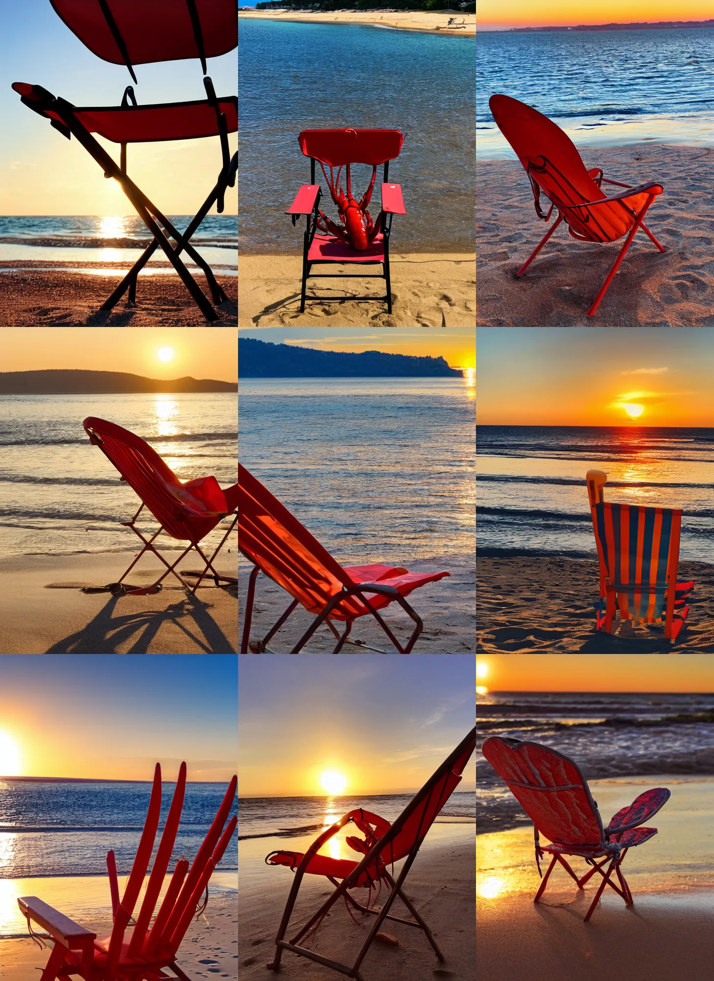 Prompt: photo of a lobster sunbathing in a chair at the beach, golden hour, Breathtaking, 8k resolution, extremely detailed, beautiful, establishing shot, artistic