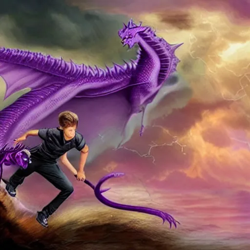 Prompt: super - detailed justin bieber riding a purple dragon in a storm, ultrarealistic, highly detailed, soft colors