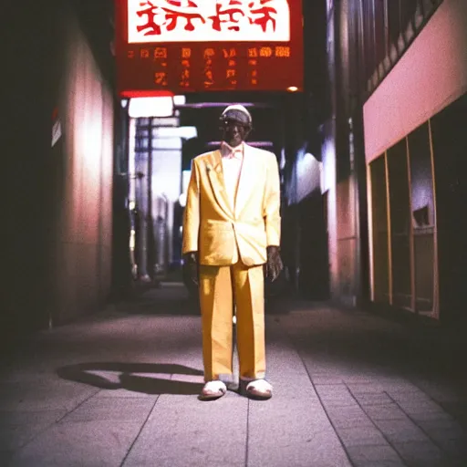 Image similar to old black man in tokyo at night, wearing gold chain, gold rings, cinestill 8 0 0,