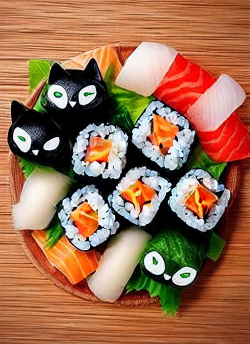 Image similar to clear photorealistic picture of adorable cats made out of sushi