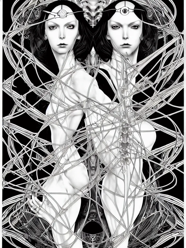 Image similar to x - ray bioscans of mutant transhumanist ai cult, style blending æon flux, shepard fairey, hideo kojima, mobius, and botticelli, inspired by pre - raphaelite, and shoujo manga, ultralight quantum machine, bizarre and elegant, superfine linework, 4 k photorealistic,