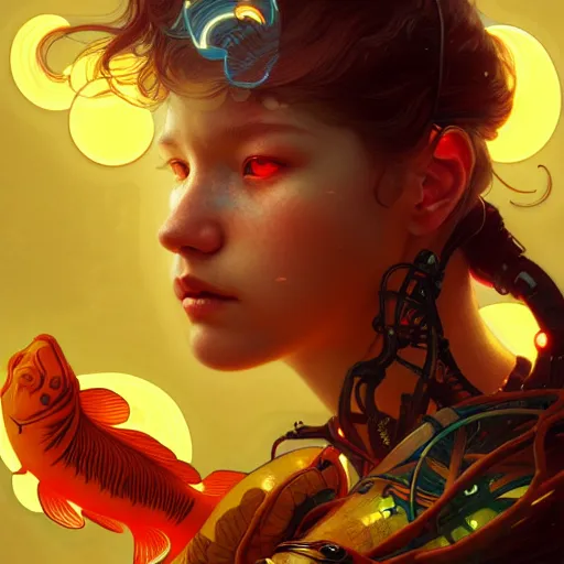 Image similar to Portrait of a lost cyborg girl surrounded by glowing Koi fish, face, fantasy, intricate, elegant, highly detailed, digital painting, artstation, concept art, smooth, sharp focus, illustration, art by Krenz Cushart and Artem Demura and alphonse mucha