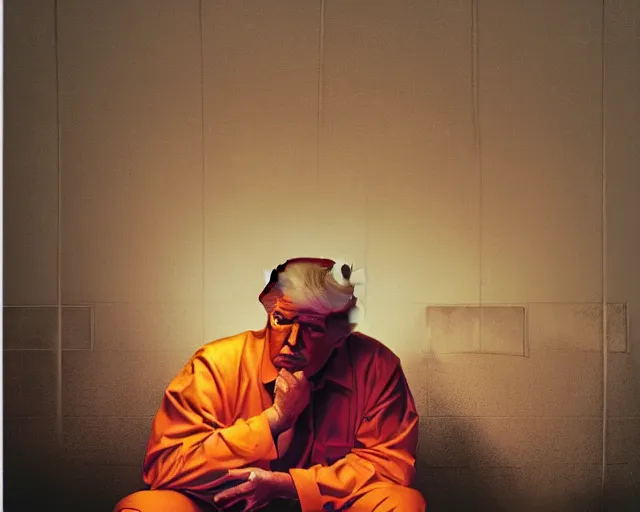 Image similar to a portrait of Donald trump sitting on the floor of a filthy jail cell lit by spotlight, dimly lit, wearing a orange jumpsuit in jail by craig mullins and norman rockwell, octane, 35mm photo,