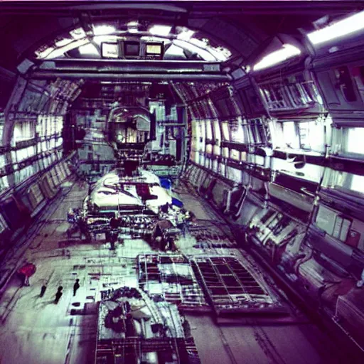 Image similar to “in the hangar of a space station looking up at an immense transport frigate space cruiser with graffiti on its side. Several robots are working on the docked spaceship.”