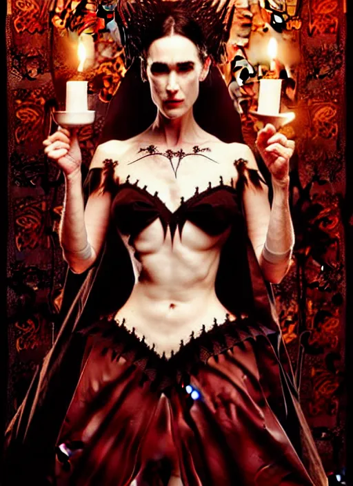 Image similar to jennifer connelly vampire queen, sharp fangs, blood, full body, intricate victorian dress, digital art, middle shot, cinematic lighting, studio quality, symmetrical eyes, artgerm, joshua middleton, rafael albuquerque, moody lighting, candles, art style by klimt, nixeu and ian sprigger and wlop and krenz cushart