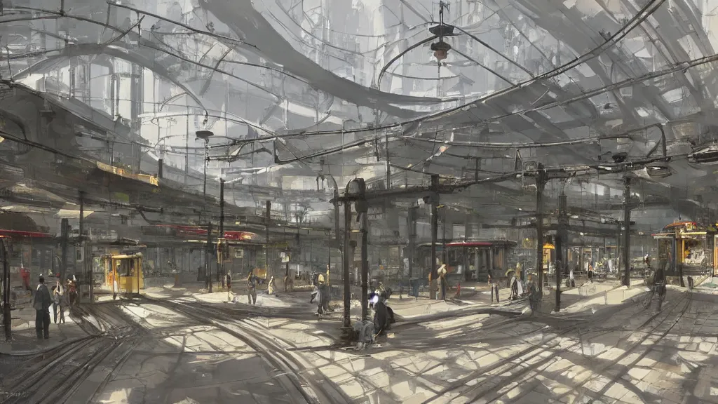 Image similar to A train station that serves trains and cable cars, brutalist architecture, craig mullins style, solarpunk, concept art