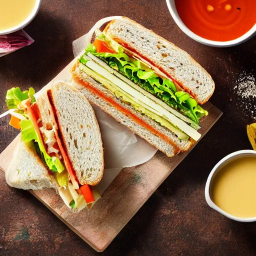 Image similar to food magazine photograph of a sandwich covered in soup. highly detailed 8 k photo. studio lighting.