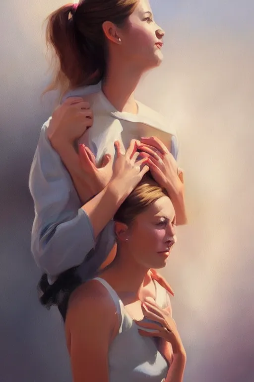 Image similar to a painting of a woman holding another woman, a digital painting by RHADS, trending on cgsociety, figurative art, digital painting, speedpainting, soft mist