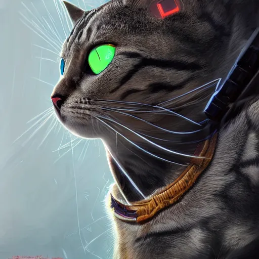 Prompt: A cyborg cat, realistic, sharp focus, 8k high definition, insanely detailed, intricate, elegant, art by Eddie Mendoza