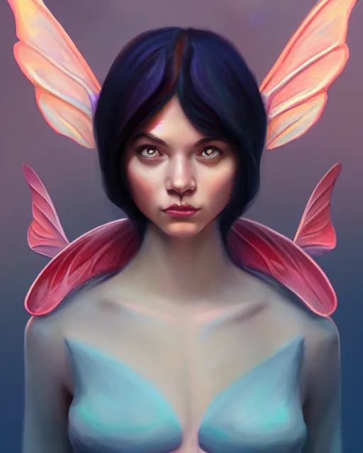 Image similar to 3 / 4 long shot portrait of a beautiful powerful pixie with wings, digital painting, artstation, concept art, smooth, sharp focus, illustration, art by disney, symmetry face, art by alex ross, brittney lee