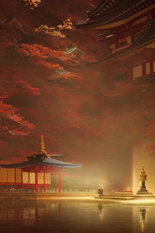 Prompt: Japanese Buddhist temple scenery, powerfull, intricate, elegant, volumetric lighting, digital painting, highly detailed, artstation, sharp focus, illustration, concept art, ruan jia, steve mccurry