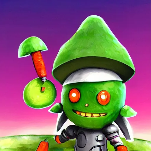 Prompt: little robot with big avocado hat and a carrot sword, made in abyss style