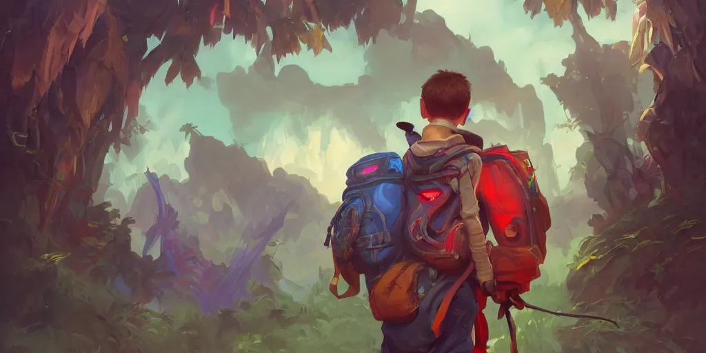 Prompt: a young boy wearing a back pack on his way to school, highly detailed, digital painting, artstation, concept art, sharp focus, illustration, vivid bright colors, d & d, fantasy, hearthstone, art by artgerm and greg rutkowski and alphonse mucha