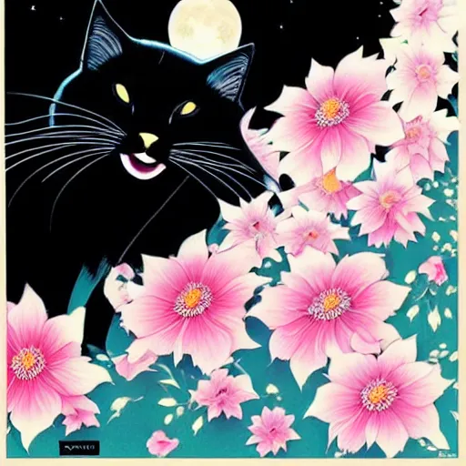 Prompt: black cat, moon, flowers, symbolic, super detailed, by tomokazu matsuyama by ilya kuvshinov