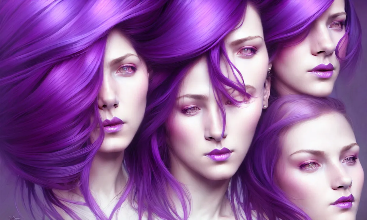 Image similar to Purple hair relistic Portrait of a two woman with bright colored flying hair, all shades of purple. Beauty face, Hair coloring, fantasy, intricate, elegant, highly detailed, digital painting, artstation, concept art, smooth, sharp focus, illustration, art by artgerm and greg rutkowski and alphonse mucha