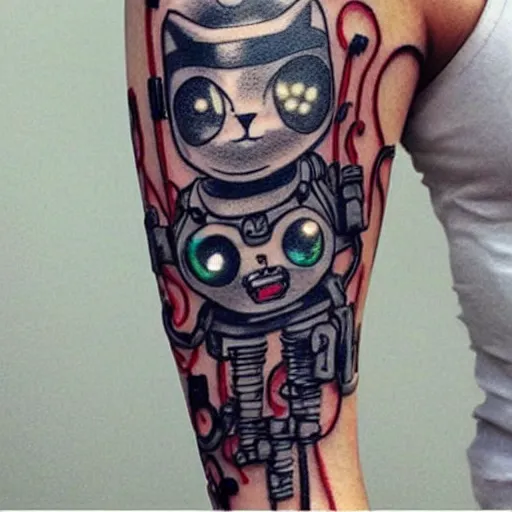 Prompt: Anime manga robot!! cat tattoo, cyborg cat, exposed wires and gears, fully robotic!! cat, manga!! in the style of Junji Ito and Naoko Takeuchi, cute chibi cat, tattoo on upper arm, arm tattoo