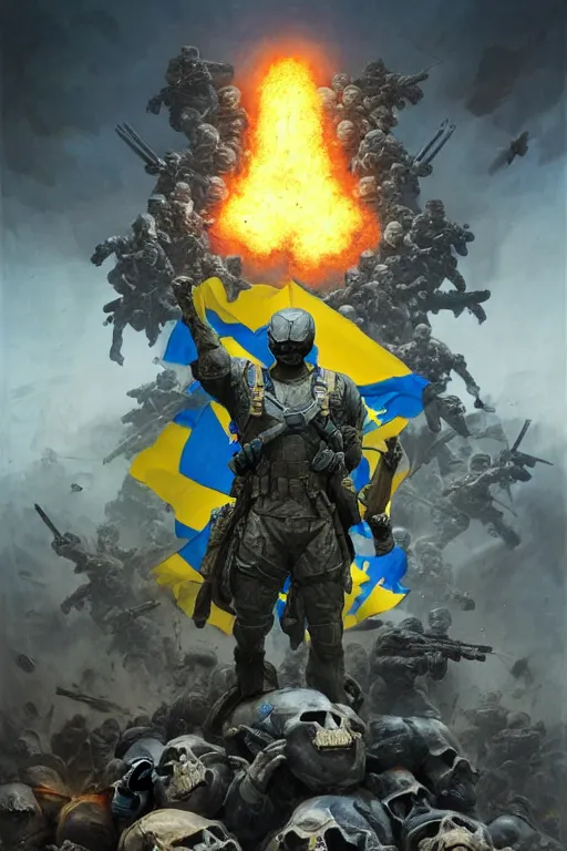 Image similar to A super soldier with Ukrainian blue and yellow flag is standing on a pile of skulls, Call of Duty, marvel, dark, intricate, highly detailed, smooth, artstation, digital illustration by Ruan Jia and Mandy Jurgens and Artgerm and Wayne Barlowe and Greg Rutkowski and Zdislav Beksinski