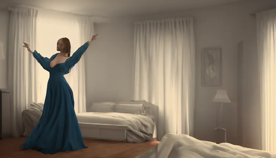 Image similar to woman wearing a gown dancing in her bedroom at night, very detailed, artstation, soft lights, sharp focus, 8 k, unreal engine, heavy grain, fine facial features