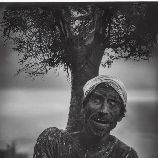 Image similar to The photograph shows a man caught in a storm, buffeted by wind and rain. He clings to a tree for support, but the tree is bent nearly double by the force of the storm. The man's clothing is soaked through and his hair is plastered to his head. His face is contorted with fear and effort. by John Hejduk desaturated, dynamic