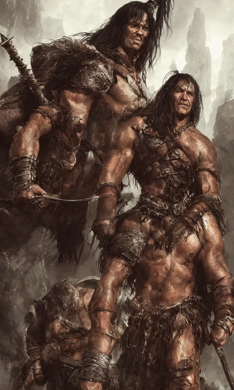 Image similar to hyper realistic digital painting of arnold swartzeneger as conan the barbarian by simon bisley and greg rutkowski, vivid color scheme, unreal engine 5