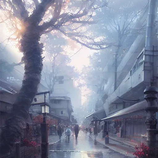 Image similar to walking from naka - meguro, tokyo. volumetric lighting, spring late morning, nice slight overcast weather, realistic illustration, perfectly shaded, soft painting, art by krenz cushart and wenjun lin