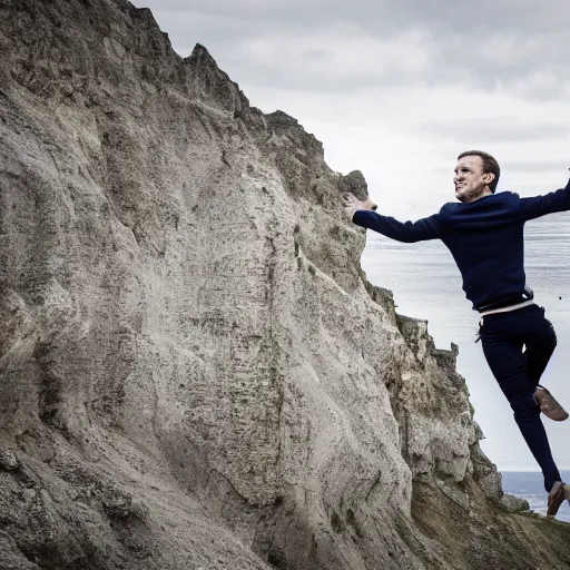 Image similar to Emmanuel Macron jumping of Normandy cliffs, 50mm photography, high quality, 4K