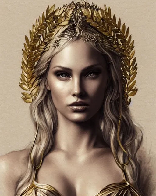 Image similar to tattoo design sketch of hot blonde super model as aphrodite greek goddess wearing a gold laurel wreath and triangle earrings, beautiful piercing gaze with sharp pupils, in the style of greg rutkowski, fantasy, amazing detail, epic, elegant, smooth, sharp focus, front view