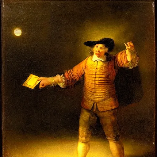 Prompt: a magician throwing a card at the moon at night, in the style of Rembrandt