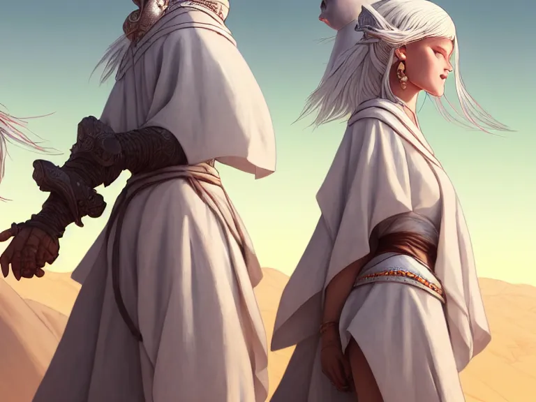 Prompt: close up picture of a cute white hair robe girl and three big knight colosuss, crossing the desert, beautiful and aesthetic, detailed face, intricate, highly detailed, smooth, sharp focus, trending on artstation, art by yomu and mika pikazo and ilya kuvshinov and rembrandt and greg rutkowski, fantasy illustration