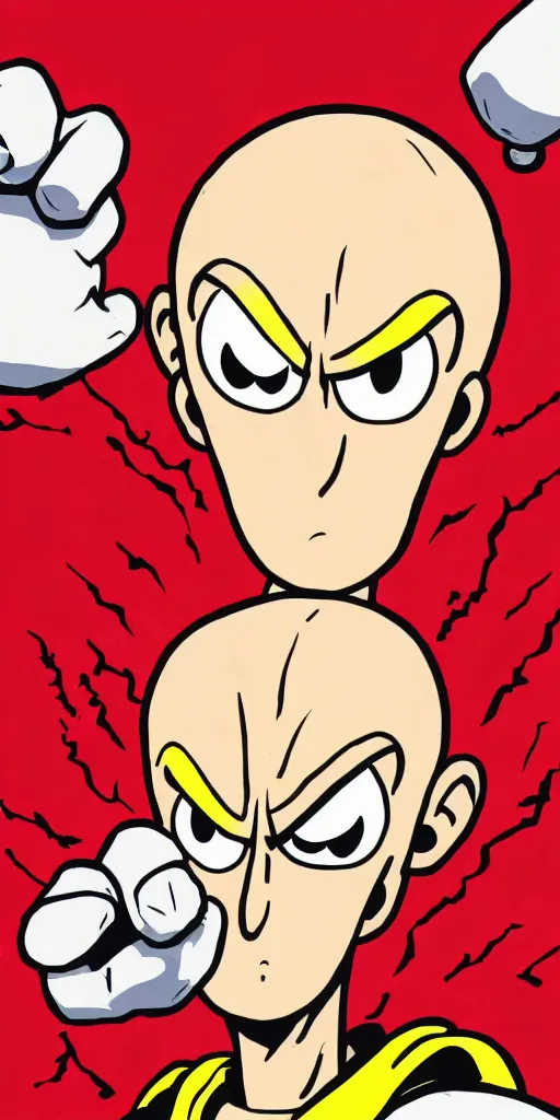 Image similar to portrait of saitama in the cuphead game art style, angry, face wrinkles, red background