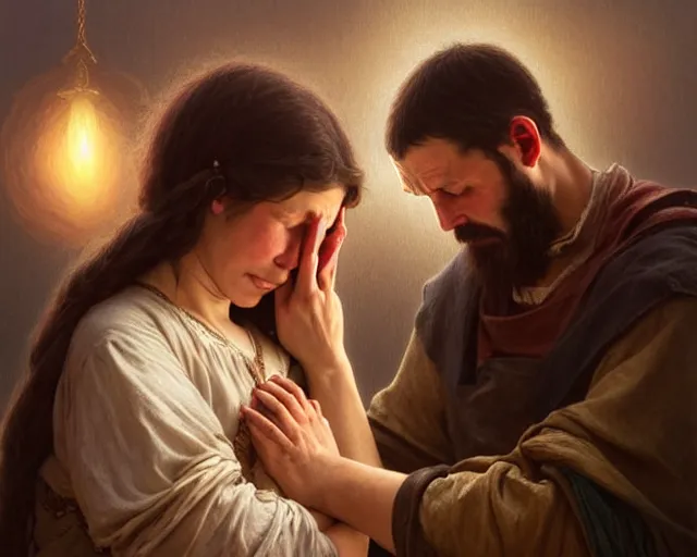 Image similar to poor hungry couple praying to a cross and crying, emotional sad painting, very poor, hungry, love eachother, medieval peasants, fantasy, cruel, dramatic lighting, intricate, wild, highly detailed, digital painting, artstation, concept art, smooth, sharp focus, illustration, art by artgerm and greg rutkowski and alphonse mucha